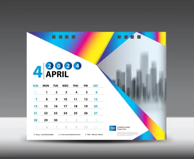 Calendrier de bureau du mois d'avril 2024 avec des couleurs vives et un design moderne.