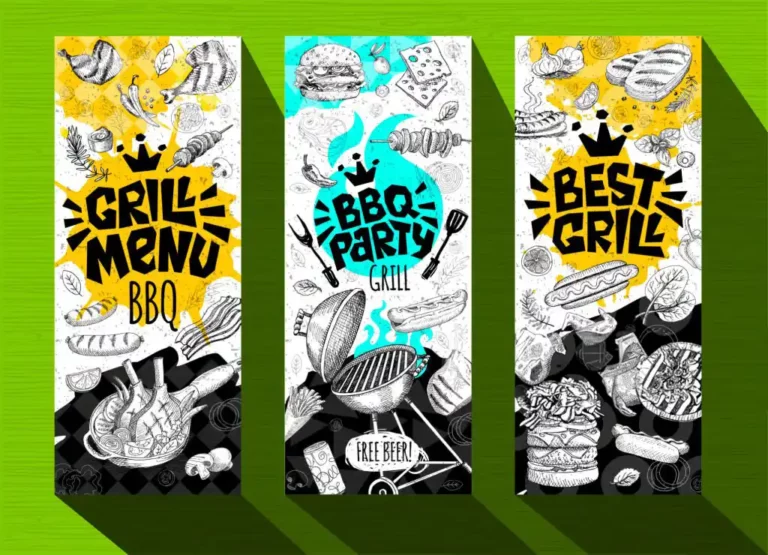 Impression flyer colorés de style graphique pour promouvoir des événements et menus barbecue.