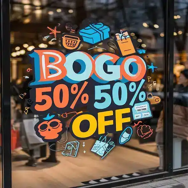 Impression Stickers Vitrine sur une vitrine de magasin avec inscription BOGO 50% OFF